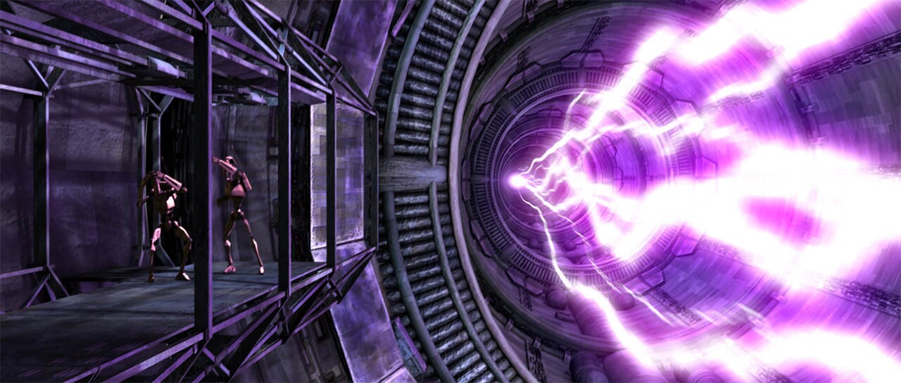 An experimental ion cannon fires purple lightning.