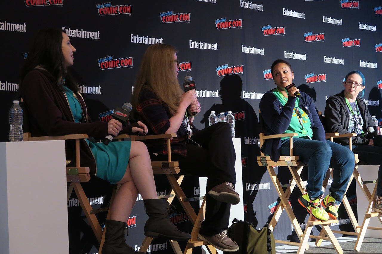 Authors are shown on a panel at NYCC 2018.