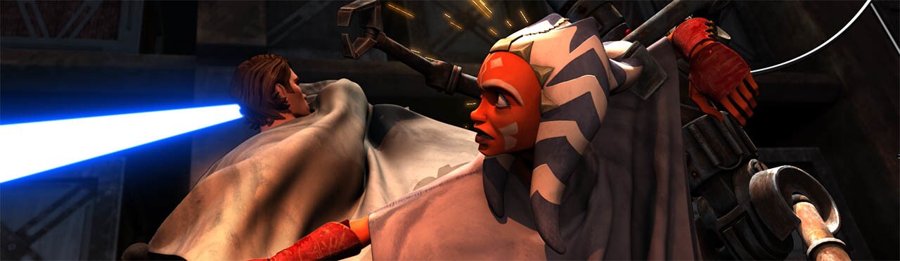 Ahsoka and Anakin battle some droids seen in a scene from "Downfall of a Droid."