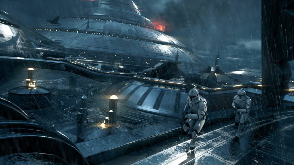 Clone troopers run across Kamino in a storm.