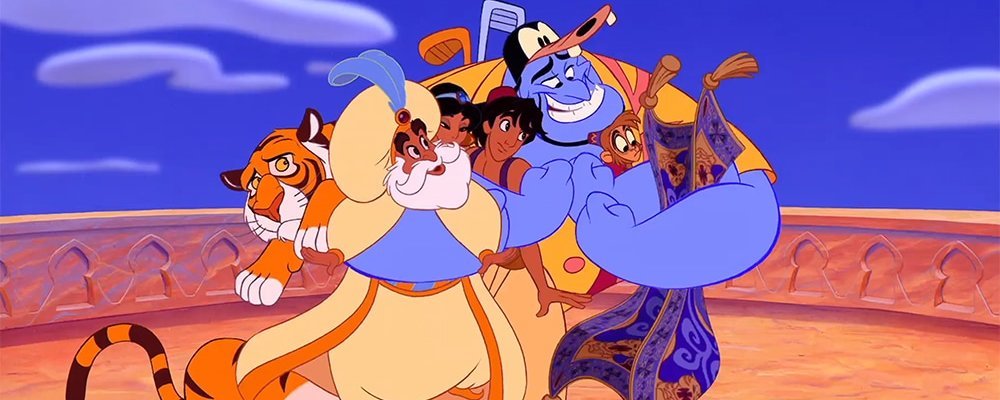 Genie from Aladdin wears tourist clothes and hugs his friends.