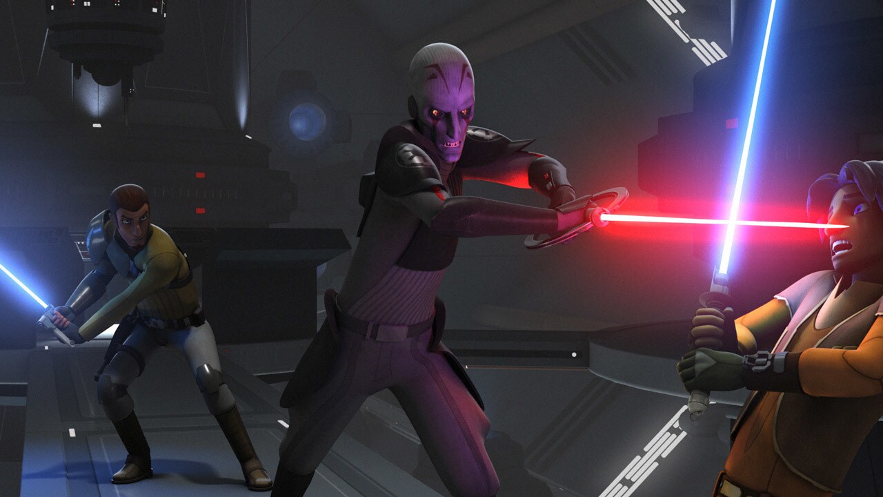 Ezra and Kanan duel the Grand Inquisitor with lightsabers in Star Wars Rebels.