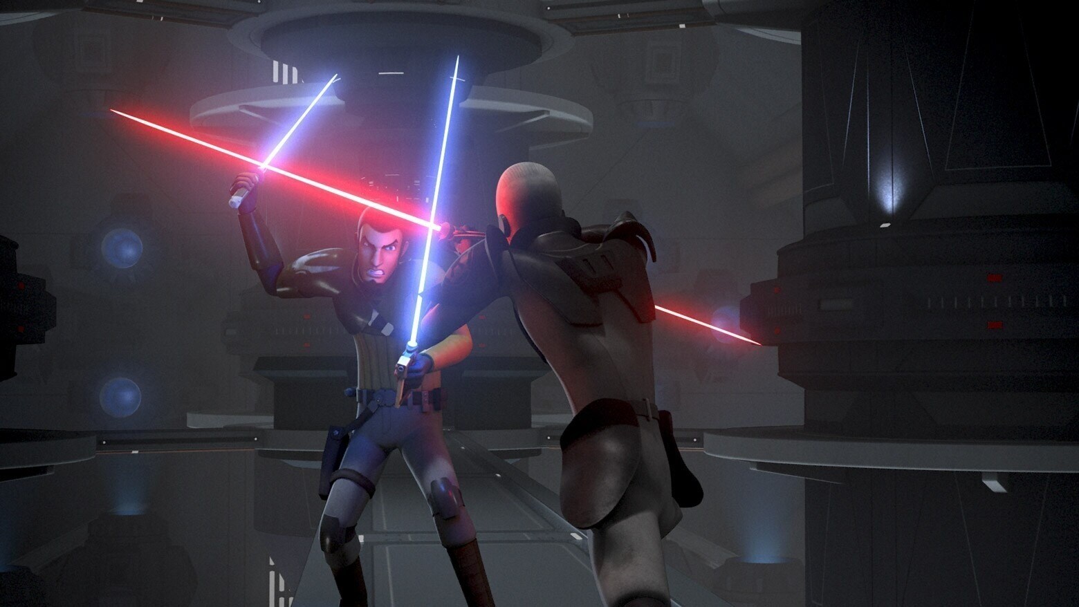 Kanan and the Inquisitor fighting with light sabers in Star Wars Rebels