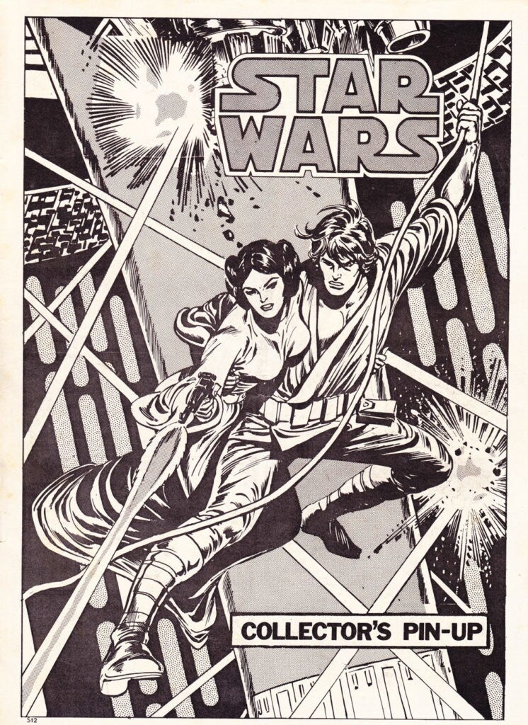 A collector's pin-up of Luke and Leia swinging across the Death Star shaft from Star Wars Weekly issue 12.