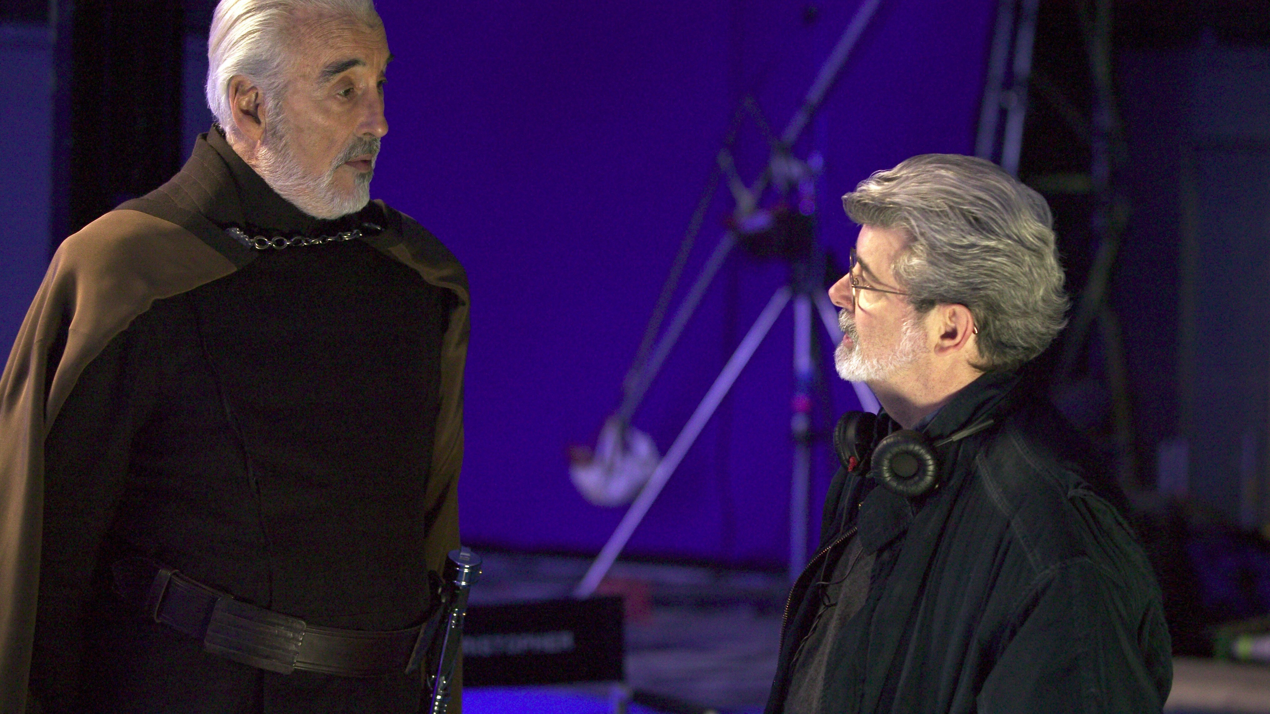 Christopher Lee and George Lucas on the set of Attack of the Clones