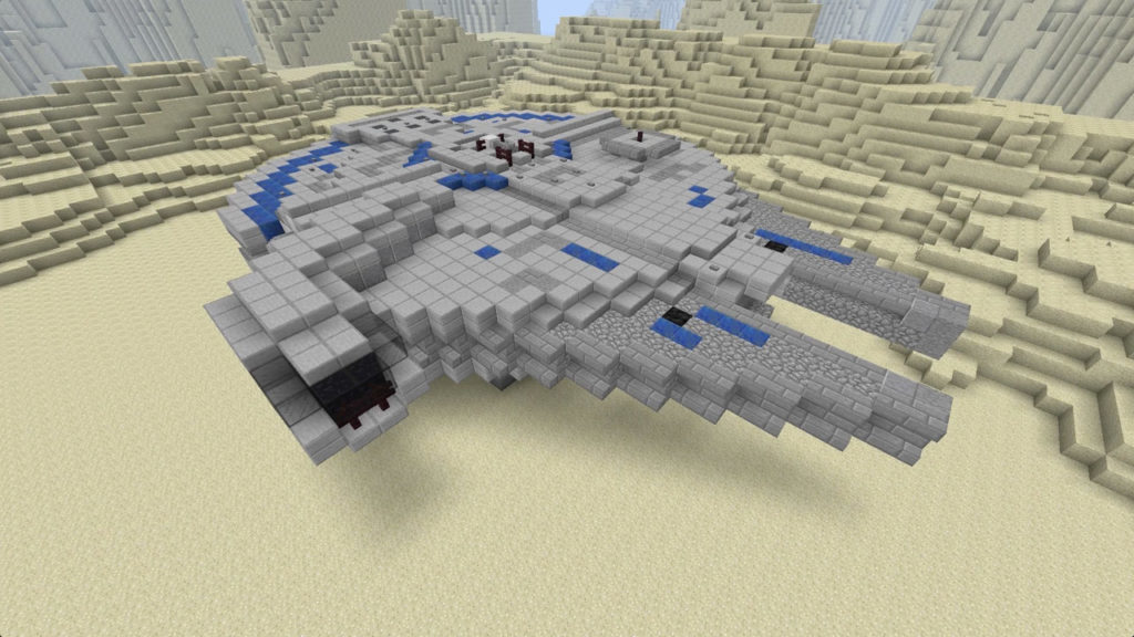 The Millennium Falcon recreated in Minecraft with blocks.