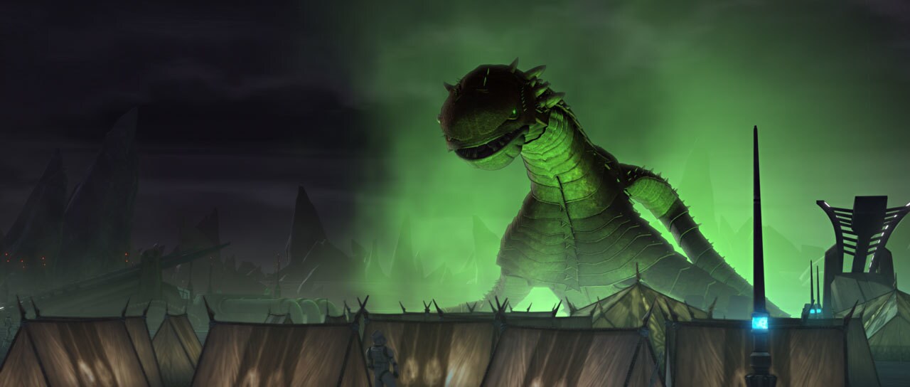The Zillo Beast, a gargantuan, reptile-like creature, stands over a Republic camp on planet Malastare.