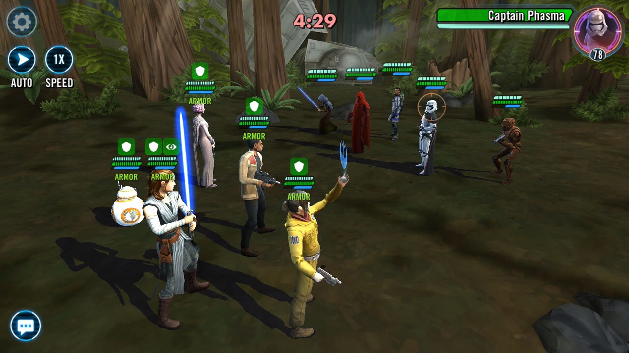 Rose Tico, Vice Admiral Holdo, Rey, Finn, and BB-8 fight Imperial forces in a forest in the video game Star Wars: Galaxy of Heroes.