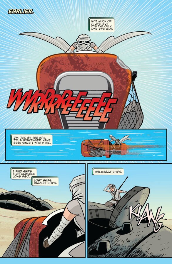 Rey, riding her speeder, scavenges for lost and broken ships on her home planet, Jakku, in the Star Wars Adventures comic series.