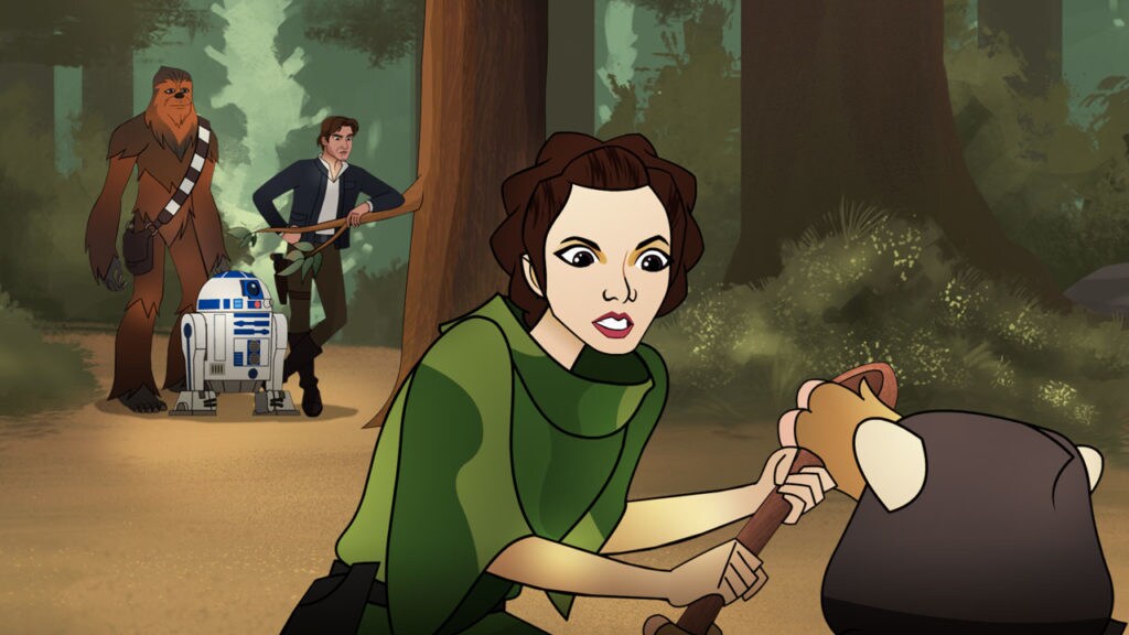 Princess Leia fights with an Ewok over a spoon in Star Wars Forces of Destiny as Han, Chewbacca, and R2-D2 watch from afar.