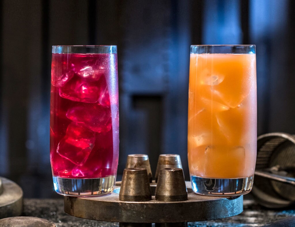 Left to right, non-alcoholic beverages: the Phattro and Moof Juice can be found at Docking Bay 7 Food and Cargo inside Star Wars: Galaxy’s Edge. (David Roark/Disney Parks)