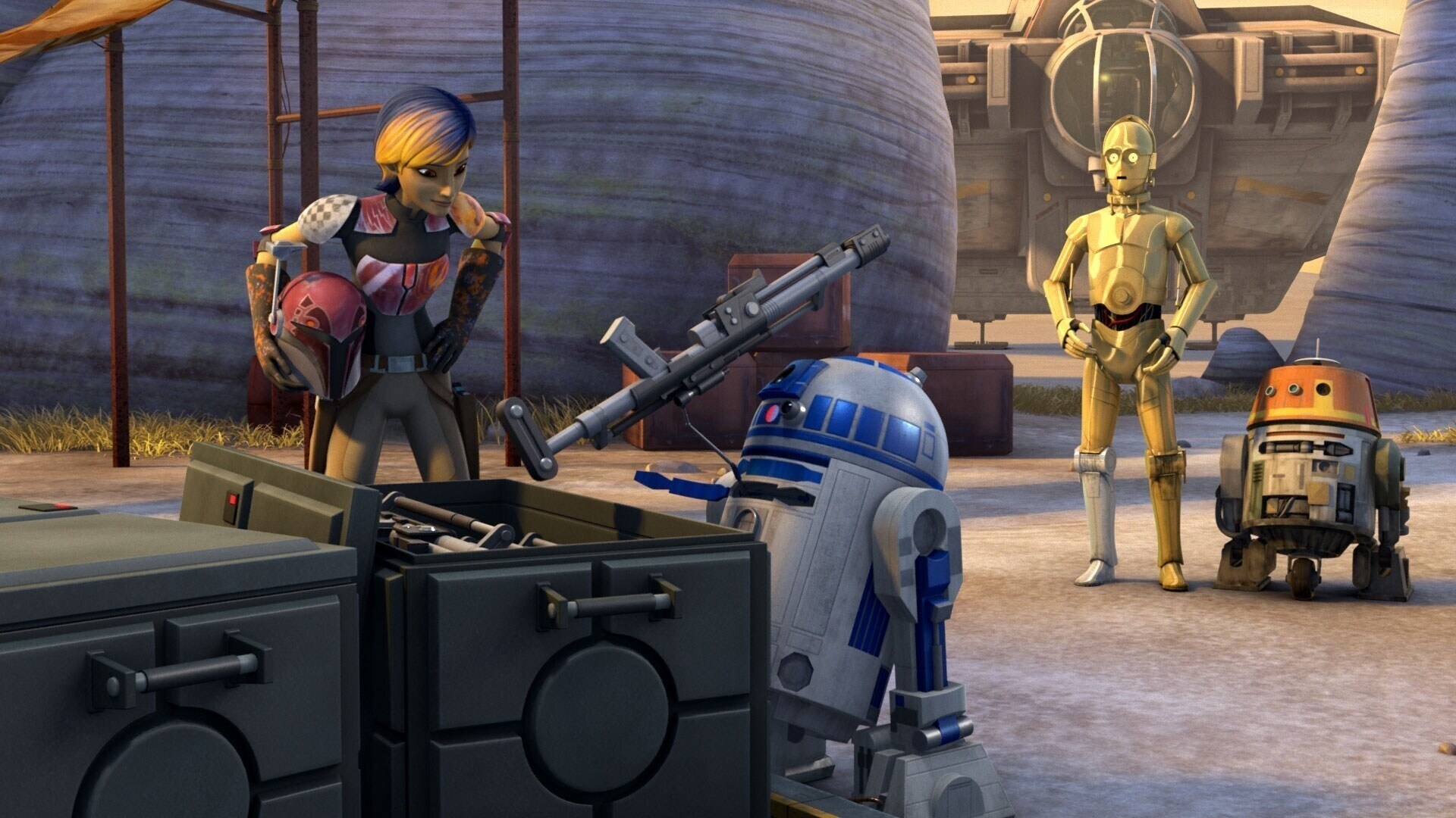 Sabine Wren, R2-D2, C-3PO, and Chopper in Star Wars Rebels