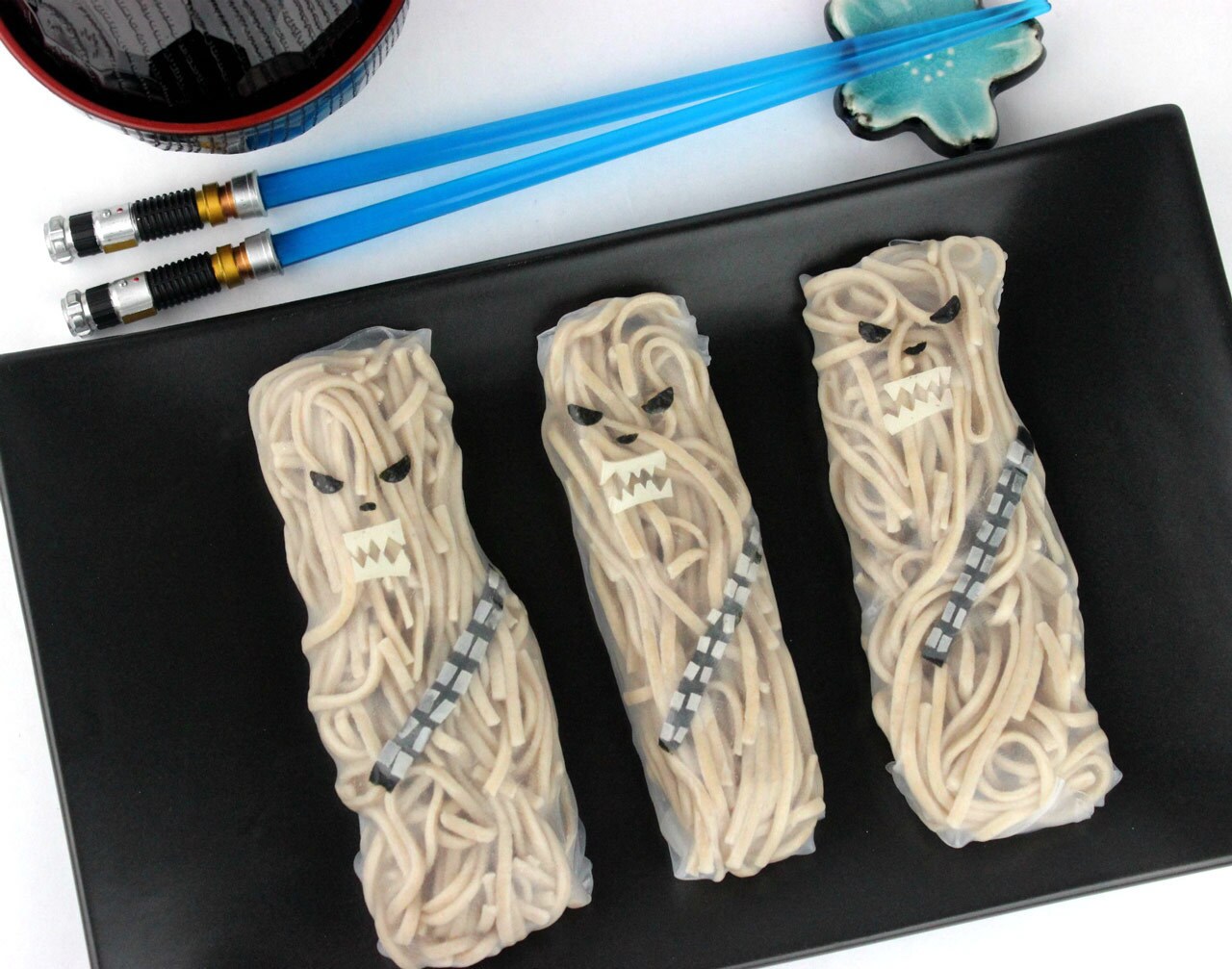 Three Chewbacca noodle rolls.