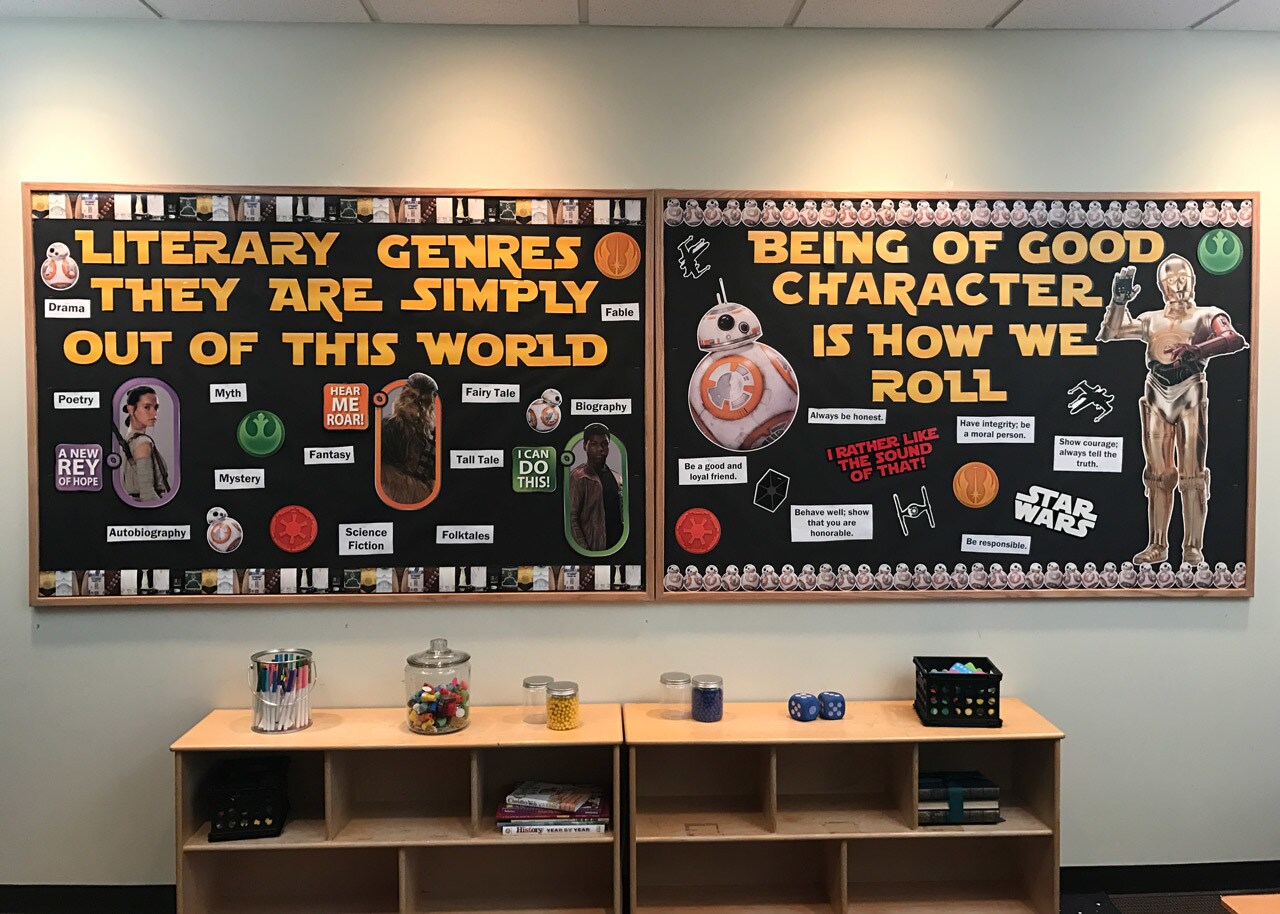 Two Star Wars bulletin boards in an English classroom.