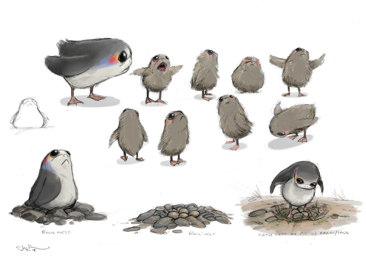 Concept sketches of porgs and their rock nests.