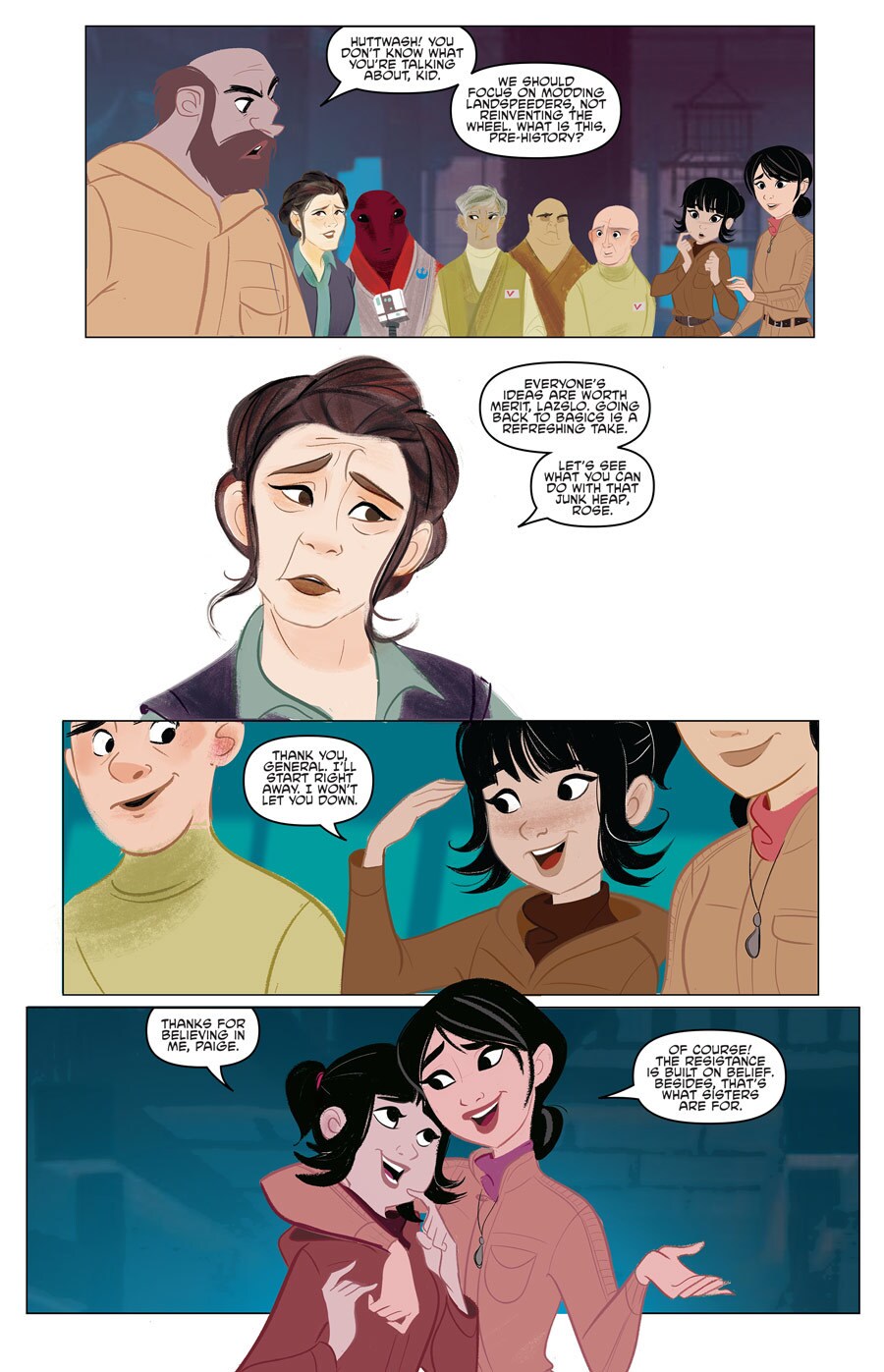 In panels from the comic book Star Wars Forces of Destiny: Rose & Paige, General Organa affirms Rose's proposed solution after a fellow Resistance member dismisses it.