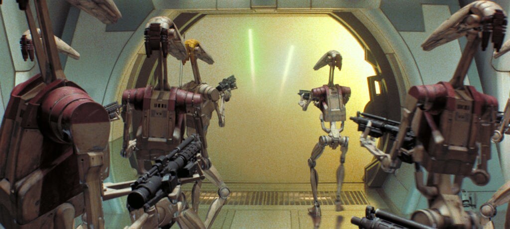 Obi-Wan Kenobi and Qui-Gon Jinn take on battle droids in The Phantom Menace.