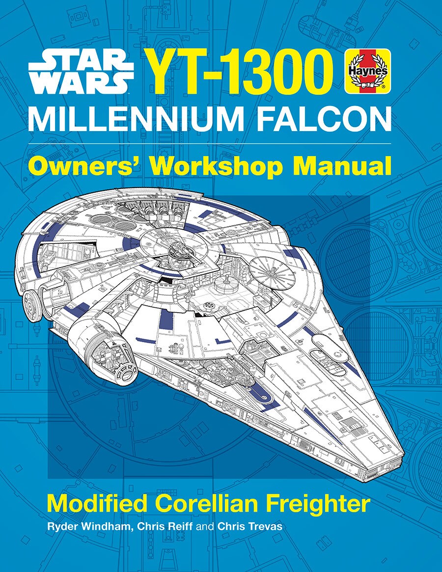 The cover of The Millennium Falcon Owner's Workshop Manual, featuring a schematic of the Falcon.