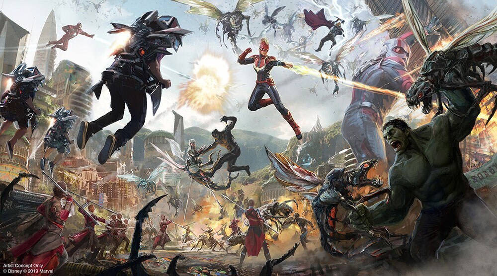 Concept Art for a phase two attraction, showcasing the Avengers in the midst of action against a powerful villain