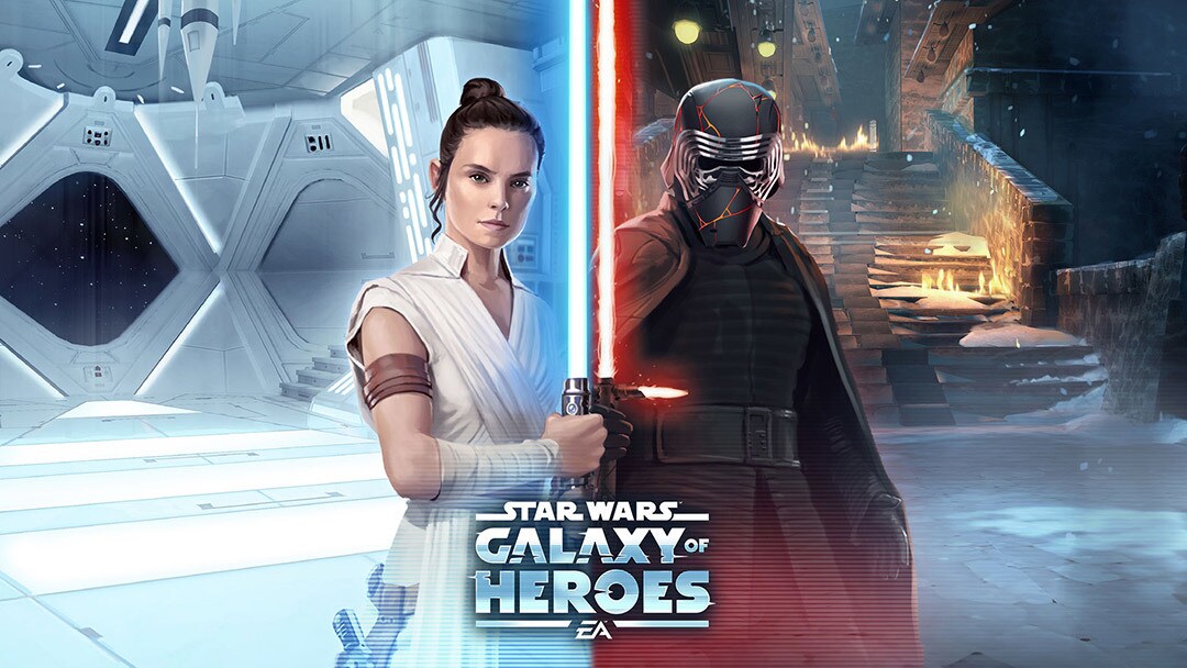 Rey and Kylo Ren in Star Wars: Galaxy of Heroes.