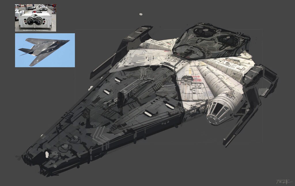 Concept art for an alternate design of the Falcon for Solo: A Star Wars Story featuring a black and white color scheme, next to reference photos of real life planes.