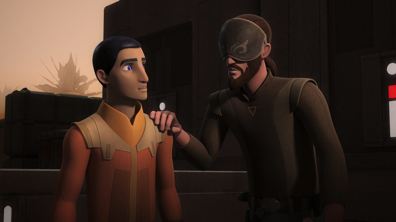 Kanan puts a hand on Ezra's shoulder in Star Wars Rebels.