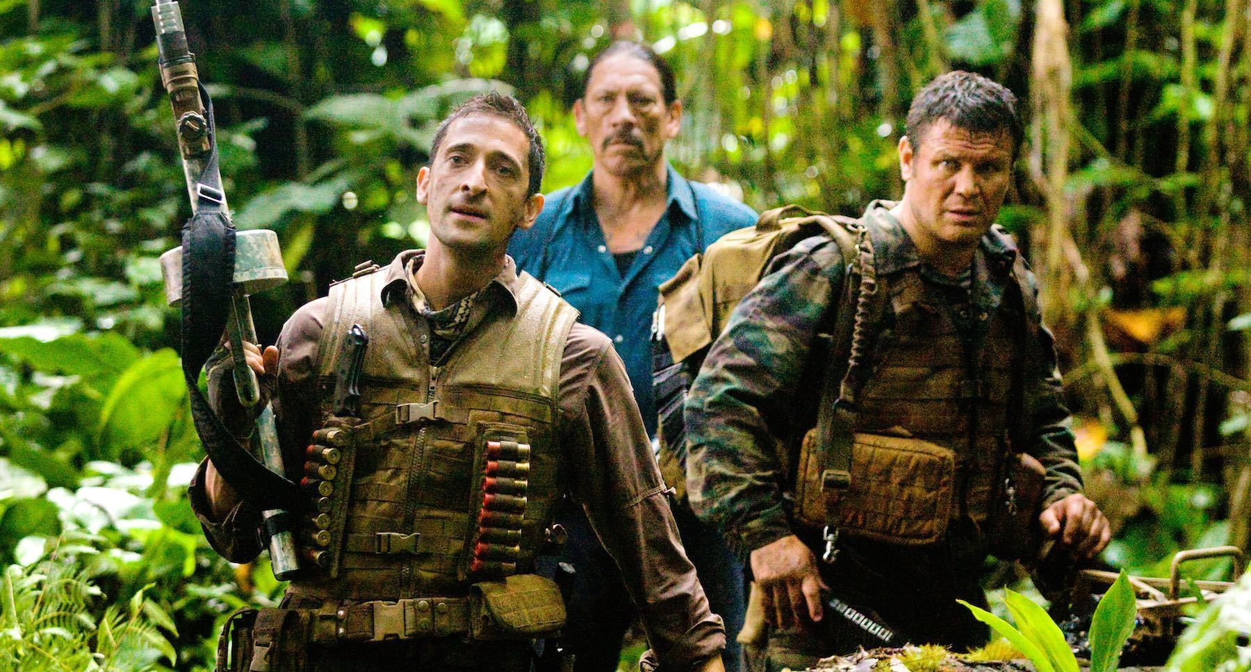 Danny Trejo (as Cuchillo), Adrien Brody (as Royce) and Oleg Taktarov (as Nikolai) in the movie "Predators"