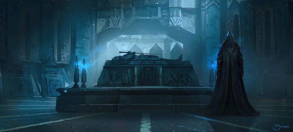 Concept art of the Black Bishop near a tomb in Vader Immortal - Episode II.