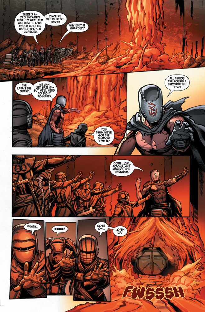 Star Wars: Crimson Reign #4 preview page, featuring the Knights of Ren on Mustafar at Vader's castle.