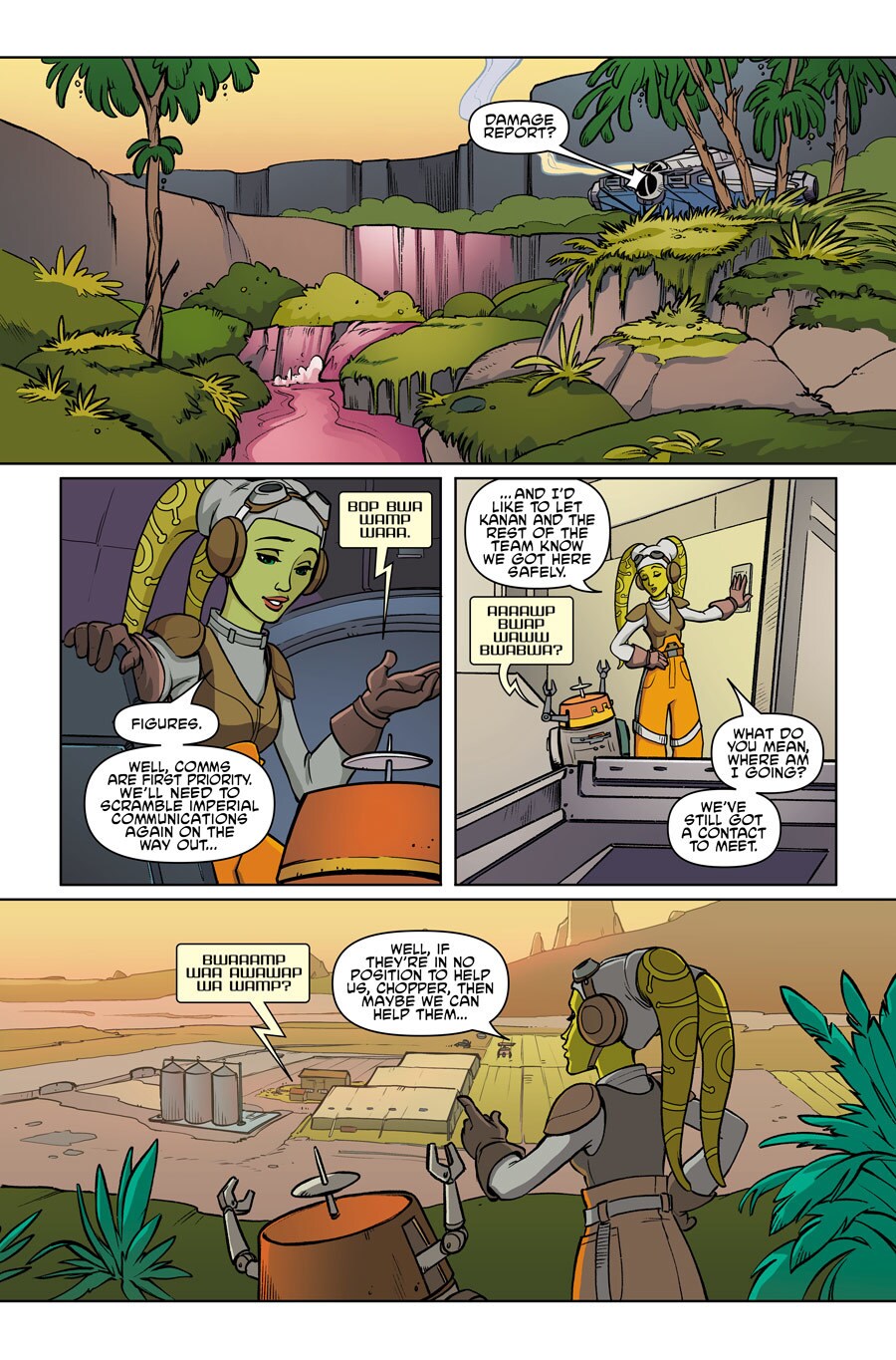 Panels from the comic Star Wars Forces of Destiny: Hera feature Hera and Chopper.