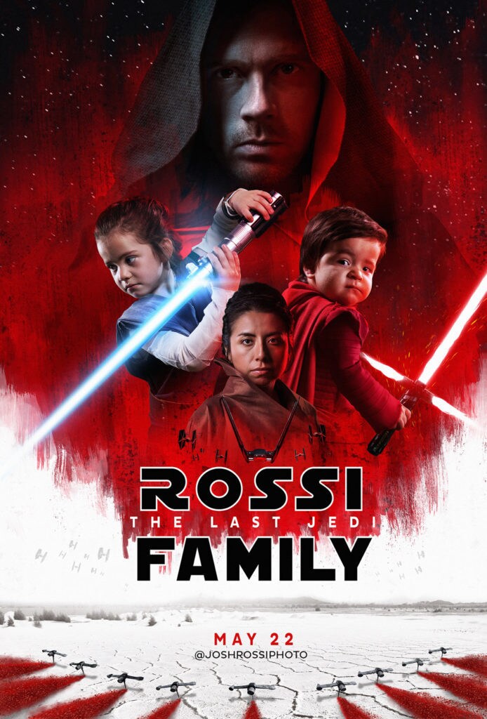 Josh Rossi's family recreates the poster from The Last Jedi as the main cast members.