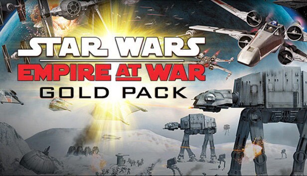Star Wars: Empire at War Gold Pack video game artwork featuring Imperial Walkers and X-wing fighters.
