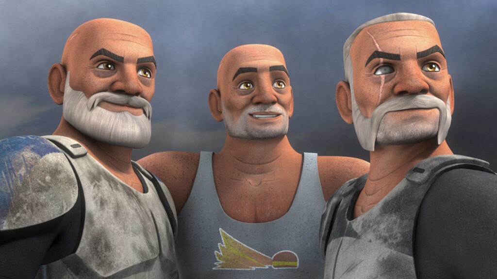 Rex, Wolffe, and Gregor, three aging clone troopers, stand together in Star Wars Rebels.