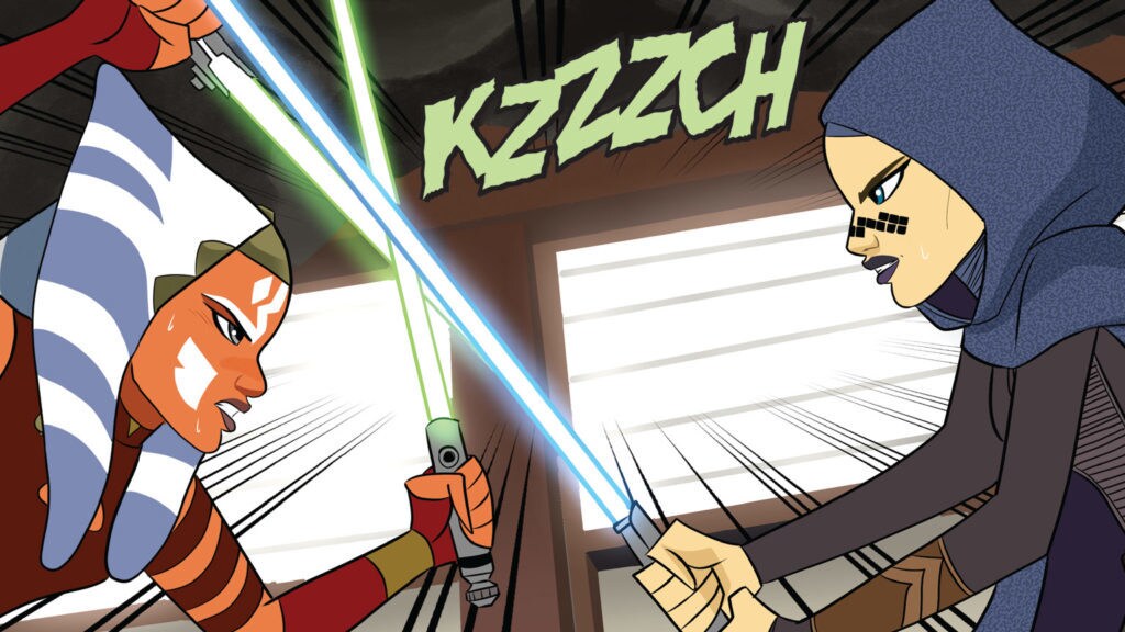 Ahsoka Tano and Barriss Offee battle with lightsabers in Star Wars Forces of Destiny.