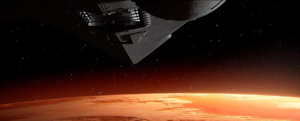 A Star Destroyer approaches Mustafar in this still from Vader Immortal: A Star Wars VR Series -- Episode I.