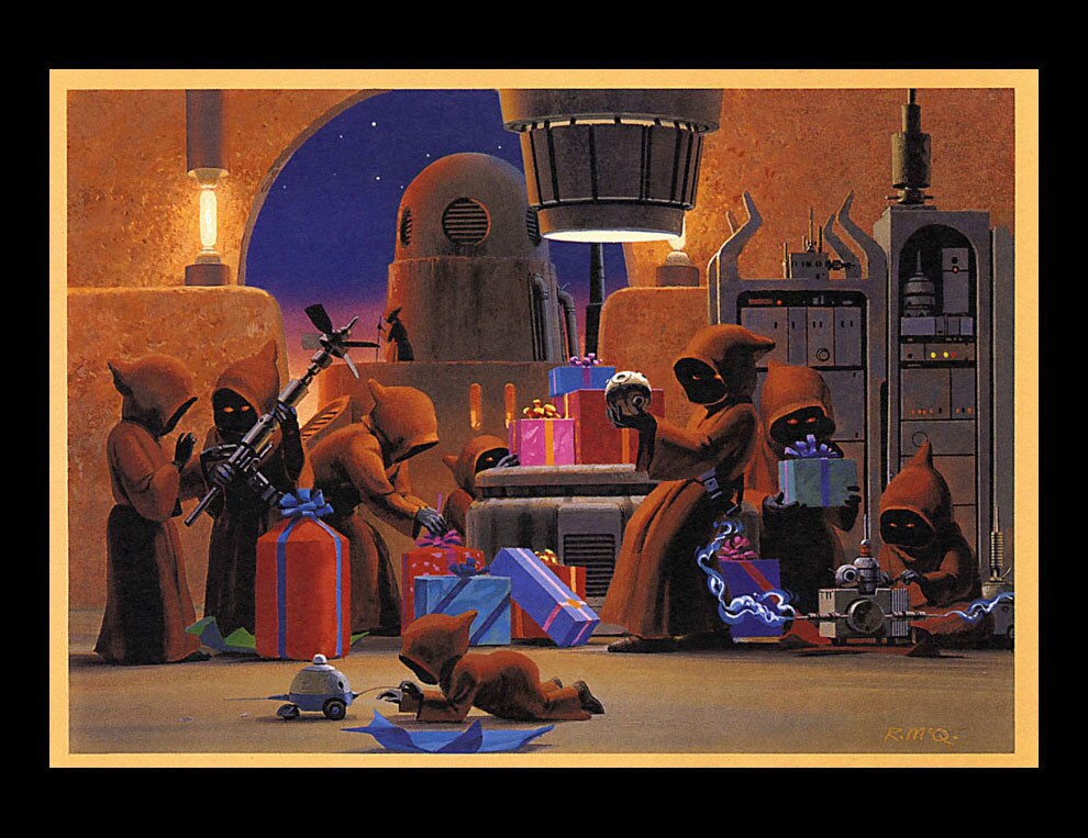 Jawas open Christmas gifts and play with them. The image is from a Star Wars Christmas card with artwork by studio artist Ralph McQuarrie.
