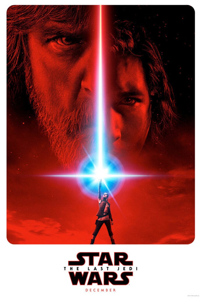 On a teaser poster for The Last Jedi, Rey stands with a lightsaber held up against a red sky, splitting an image that is half of Luke Skywalker's face and half of Kylo Ren's.