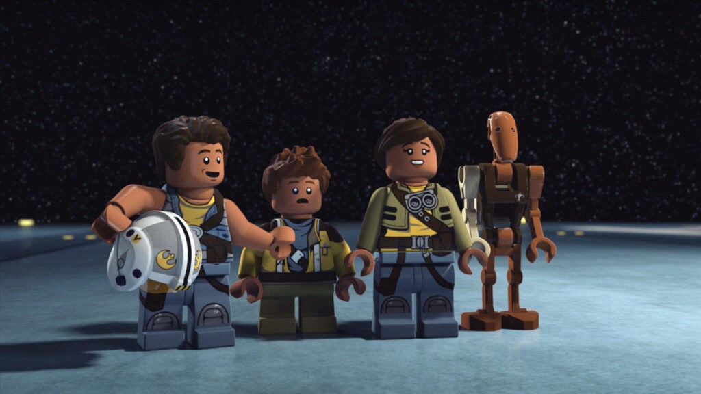 Kordi, Rowan, Zander, and R0-GR stand together in LEGO Star Wars: The Freemaker Adventures.
