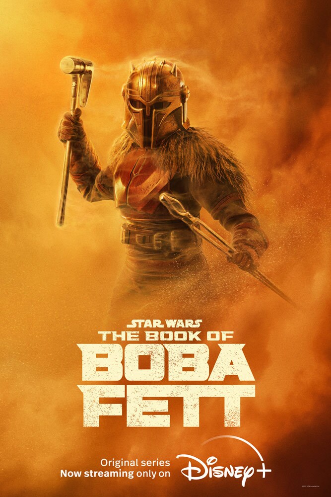 The Armorer wields two weapons on a character poster for The Book of Boba Fett.