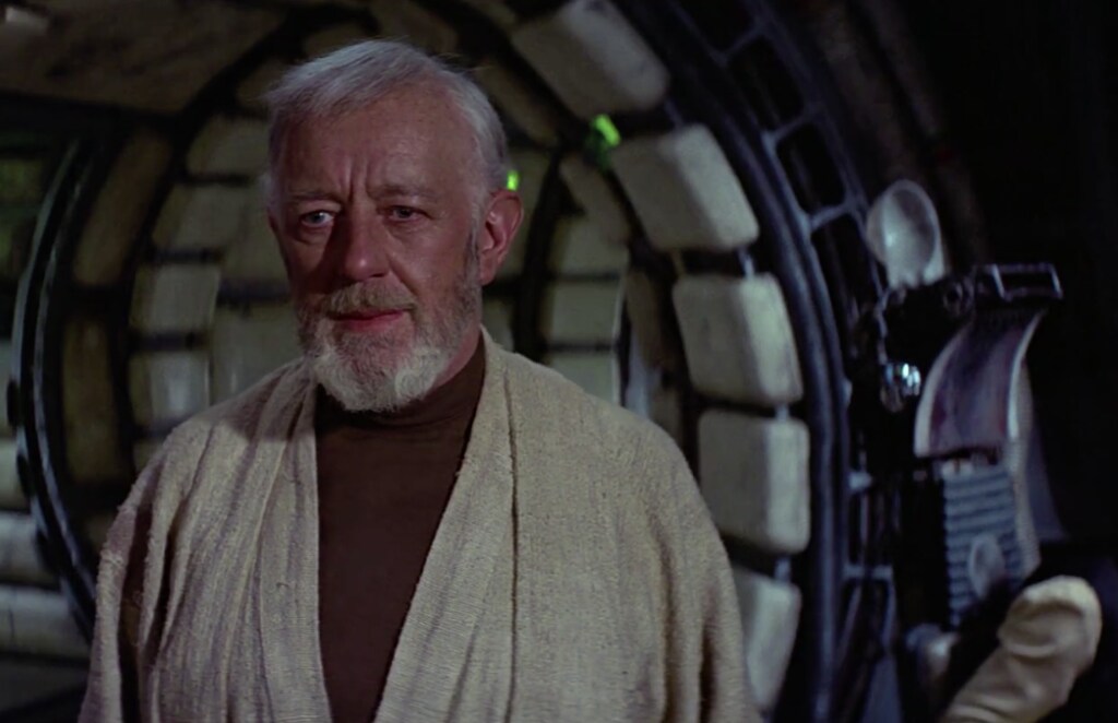 Obi-Wan stands aboard the Millennium Falcon in A New Hope.
