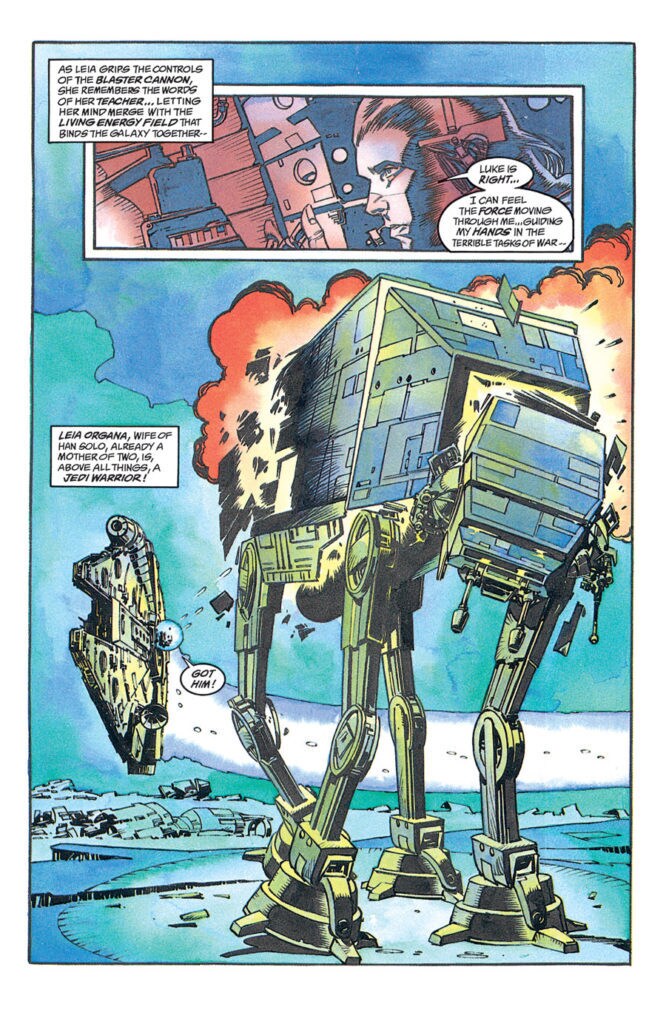 A comic book spread from Marvel's Star Wars: Dark Empire depicts Leia striking down an AT-AT in the Millennium Falcon.