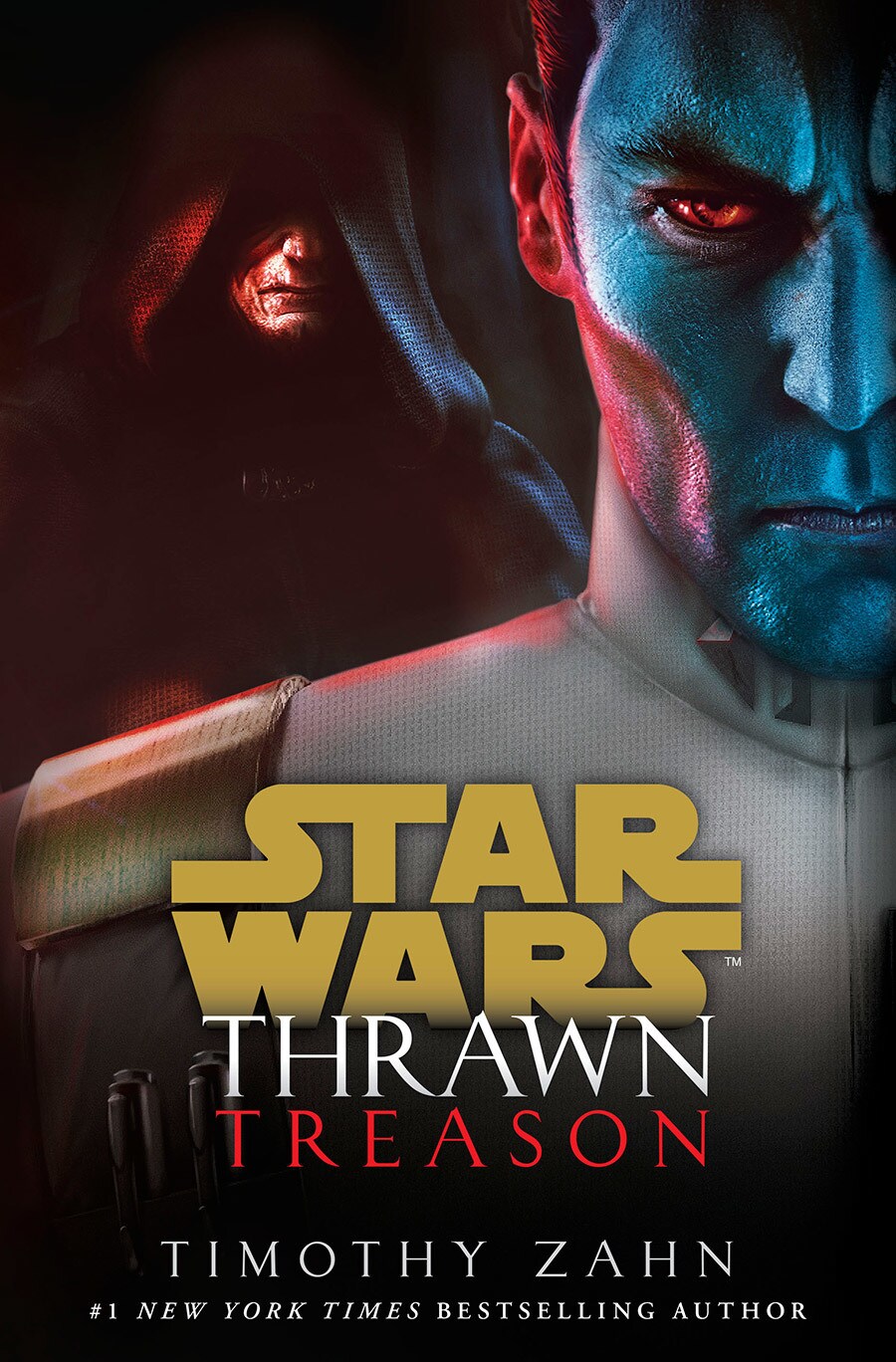 The cover of the novel Thrawn: Treason, by Timothy Zahn, shows Thrawn in the foreground with Emperor Palpatine looming behind him.