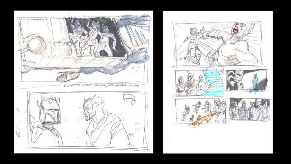 Concept sketches of Ahsoka and Darth Maul dueling with lightsabers.