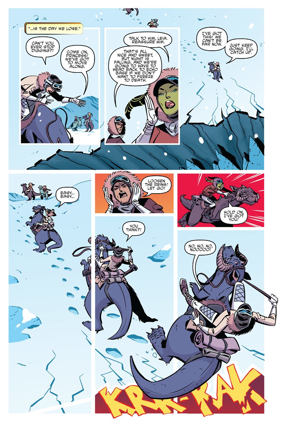 In panels from the comic book Star Wars Forces of Destiny: Leia, Hera tries to help Leia control the tauntaun she is riding.