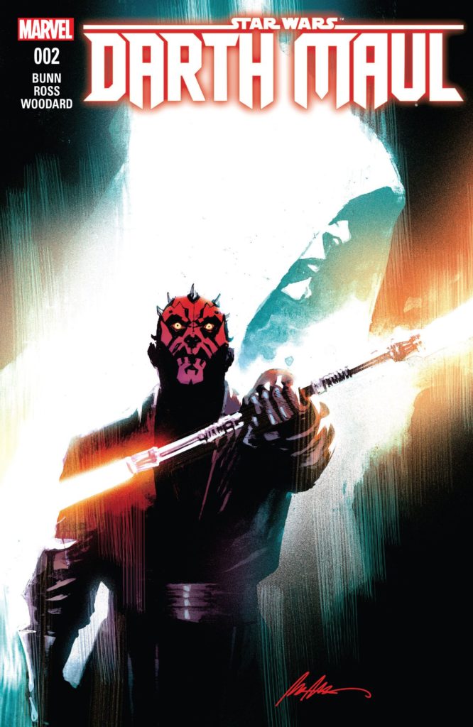 Darth Maul stands with his dual-edged light saber on the cover of issue #2 of the Star Wars: Darth Maul comic.