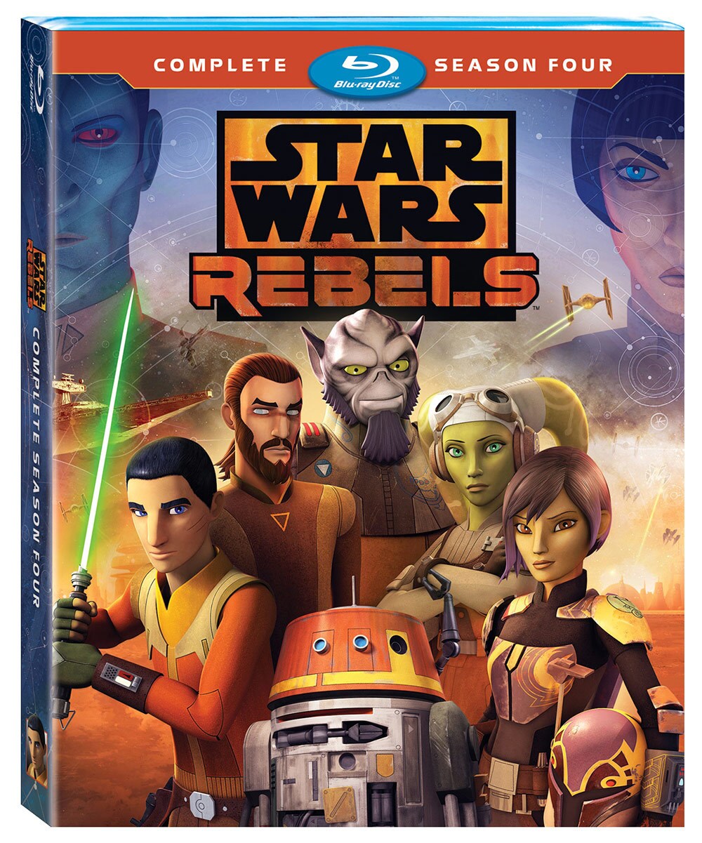 The Blu-ray case for the complete fourth season of Star Wars Rebels features Ezra, Kanan, Hera, Sabine, Zeb, Chopper, Thrawn, and Arihnda Pryce.