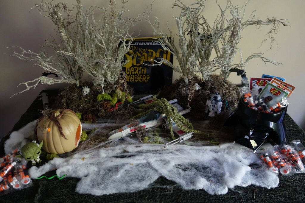 Star Wars Halloween mood table set on Dagobah.