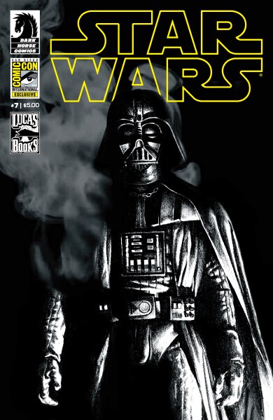 Darth Vader appears through mist on the cover of the #7 issue of the Star Wars comic book series from Dark Horse Comics.