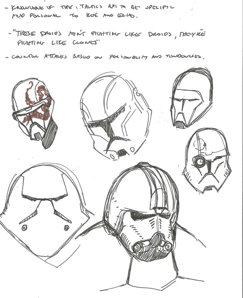 Concept sketches of clone commando helmets along with notes by The Clone Wars showrunner Dave Filoni.