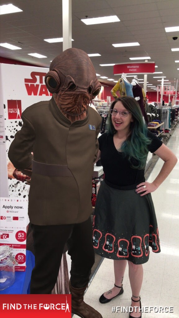 A computer generated Admiral Ackbar at Target from Find the Force, an augmented reality scavenger hunt game with game player Amy Ratcliffe.